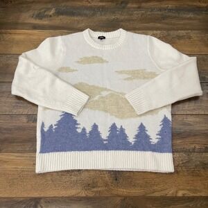 Express Conscious Edit Mens Medium Scenic Pine Tree Cloud Intarsia Sweater Cream